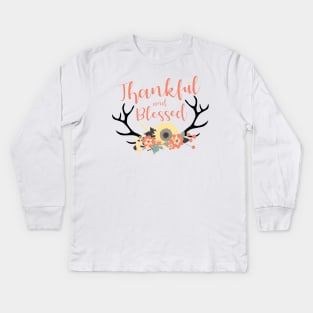 Thankful & Blessed Flower Antlers Kids Long Sleeve T-Shirt